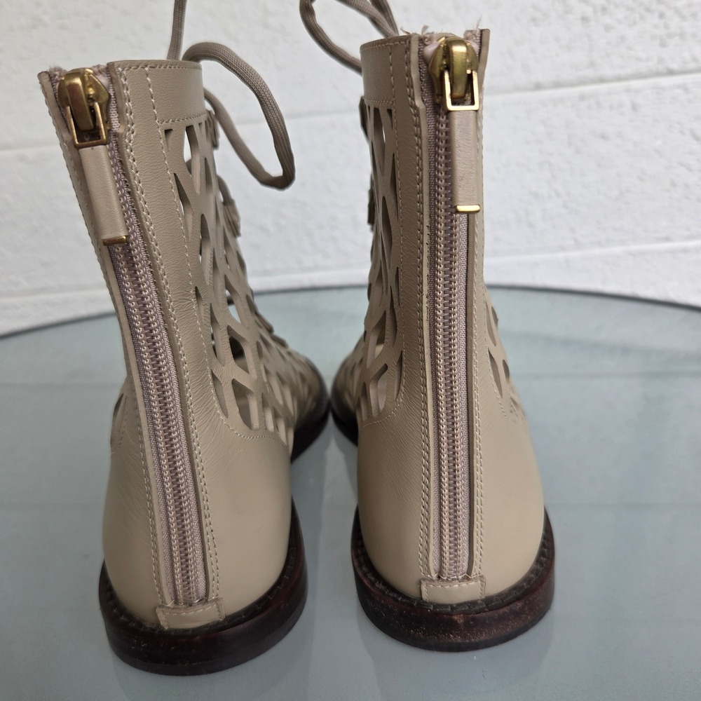Christian Dior Beige Leather Laser Cut Gladiator Flat Sandals Lace Up Zip 37.5 - Picture 4 of 14